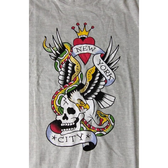 Ed Hardy Mens Size L/XL Gray Skull Eagle Snake Heart Print NYC T-Shirt NWT - Picture 2 of 10